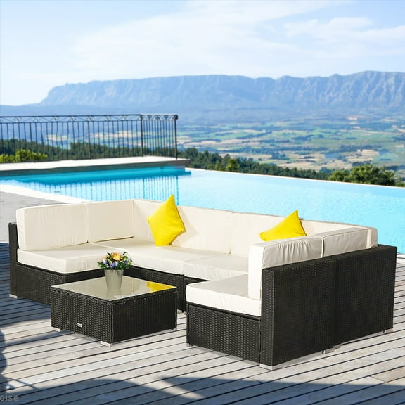 SEGAMRT 7PCS Outdoor Patio Sectional Sofa, All-Weather PE Rattan Wicker Furniture Sofa, 6 Seater Luxury Comfort Waterproof Wicker Couch, Conversation Set for Backyard Poolside Porch Garden, S2115