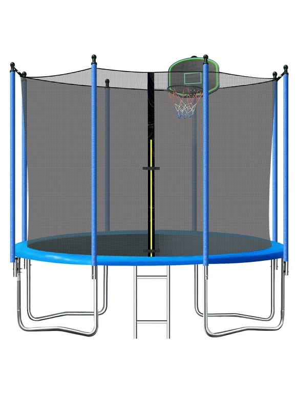 SEGMART 10ft Trampoline for Kids with Basketball Hoop and Enclosure Net/Ladder,Blue
