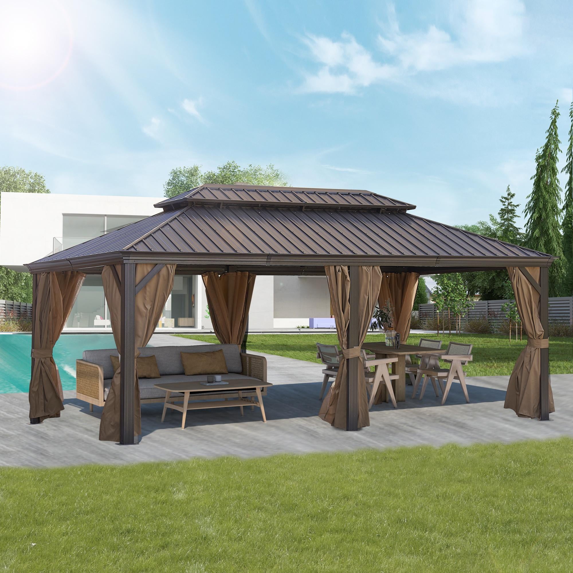 SEGMART 12' X 20' Hardtop Gazebo, Outdoor Aluminum Gazebo with Galvanized Steel Double Roof, Permanent Metal Pavilion with Steel Canopy, Curtain and Netting for Patios, Gardens, Lawns