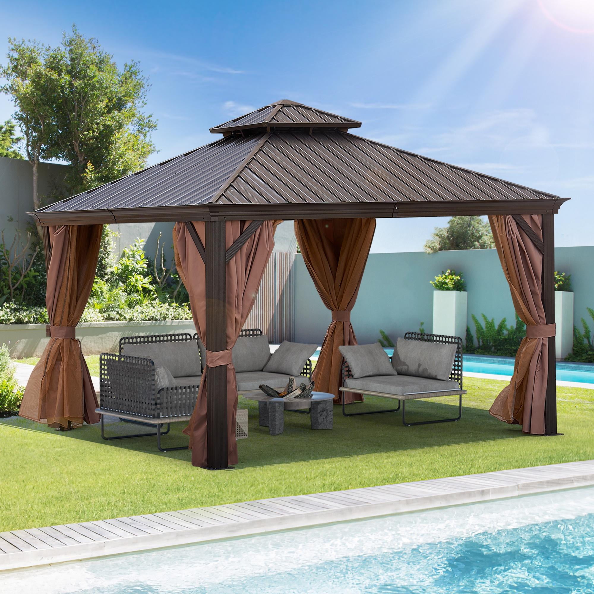 Segmart 12' x 12' Patio Hardtop Gazebo, Outdoor Galvanized Steel Aluminum Metal Double Roof Gazebo with Netting and Curtains, Permanent Patio Gazebo Pavilion for Backyard, Deck, Lawn, Gray