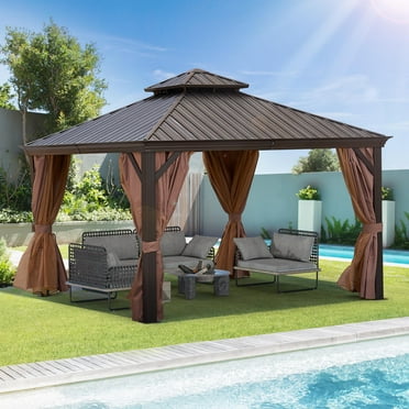 Segmart 12' x 12' Patio Hardtop Gazebo, Outdoor Galvanized Steel Aluminum Metal Double Roof Gazebo with Netting and Curtains, Permanent Patio Gazebo Pavilion for Backyard, Deck, Lawn, Gray