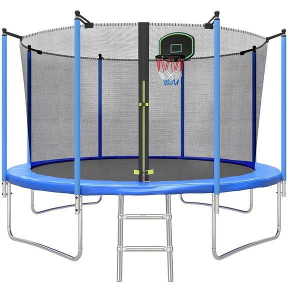 SEGMART 12FT Trampoline for Kids with Basketball Hoop and Enclosure Net/Ladder, Blue