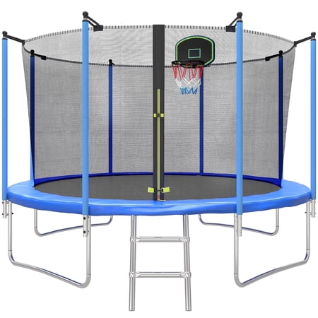 SEGMART 12FT Trampoline for Kids with Basketball Hoop and Enclosure Net/Ladder, Blue