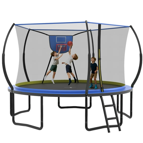 SEGMART 12ft Trampoline with Basketball hoop, Upgraded Round Outdoor Kids Trampoline with Enclosure Net, Heavy Duty Backyard Trampoline with No Gap Design, Recreational Trampoline for Adults Kids