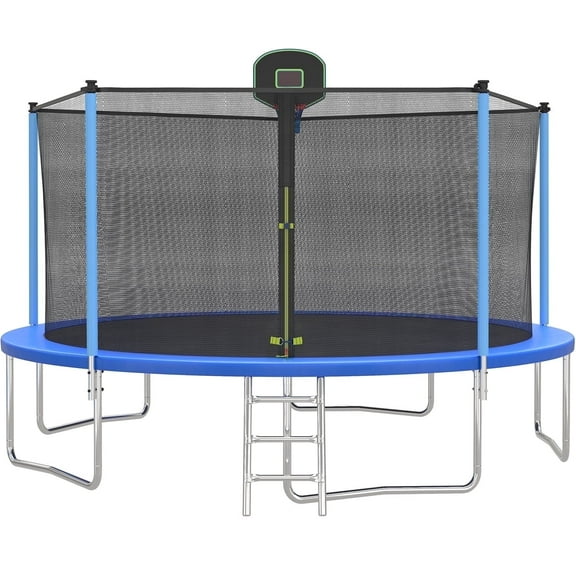 SEGMART 14FT Blue Trampoline for Kids with Basketball Hoop and Enclosure Net/Ladder, Blue