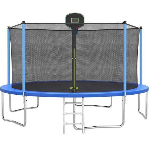 SEGMART 14FT Blue Trampoline for Kids with Basketball Hoop and Enclosure Net/Ladder, Blue