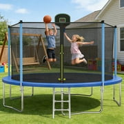 SEGMART 14FT Blue Trampoline for Kids with Basketball Hoop and Enclosure Net/Ladder, Blue