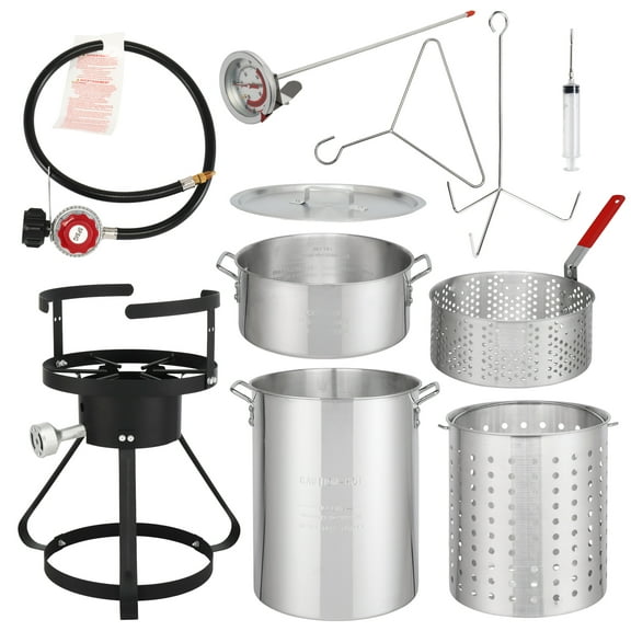 Outdoor Dual-Pot Turkey & Seafood Fryer Kit - 30QT Aluminum Fryer with 54,000 BTU Burner, 12" Thermometer & Poultry Rack - for Crab/Shrimp/Lobster (Silver)