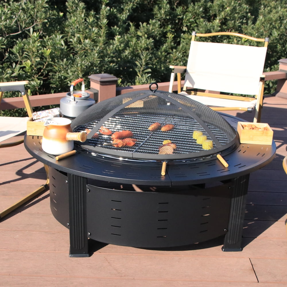 Segmart Round Fire Pit,37'' Outdoor Fire Pit Table for Stove Cooking Tea Barbecue,Smokeless Charcoal Grill Rack Heating Brazier for Patio Courtyard