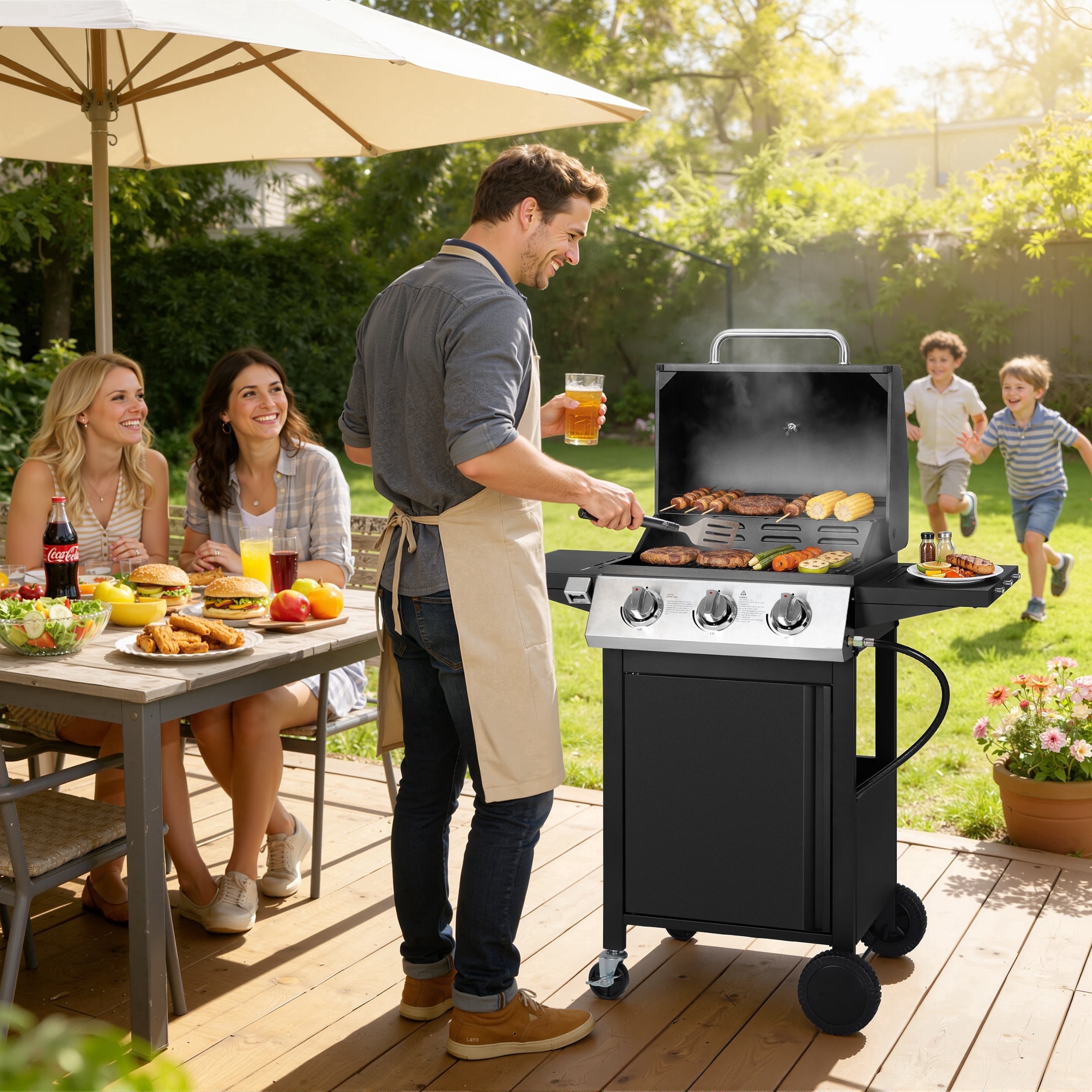 SEGMART 3 Burner BBQ Propane Gas Grill, Stainless Steel 30,000 BTU Patio Garden Barbecue Grill with Side Tables, Cleaning Brush & Thermometer, Perfect for Camping, Outdoor Cooking