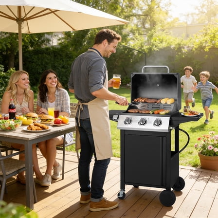 SEGMART 3 Burner BBQ Propane Gas Grill, Stainless Steel 30,000 BTU Patio Garden Barbecue Grill with Side Tables, Cleaning Brush & Thermometer, Perfect for Camping, Outdoor Cooking