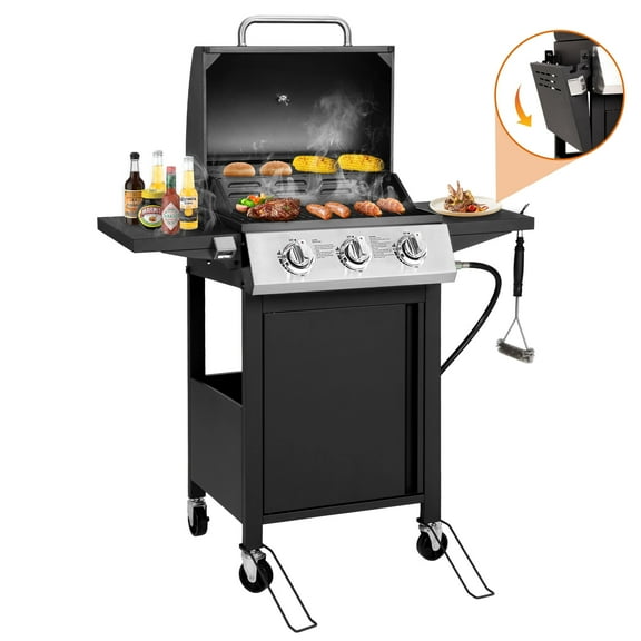 SEGMART 3 Burner BBQ Propane Gas Grill, Stainless Steel 30,000 BTU Patio Garden Barbecue Grill with Side Tables, Cleaning Brush & Thermometer, Perfect for Camping, Outdoor Cooking