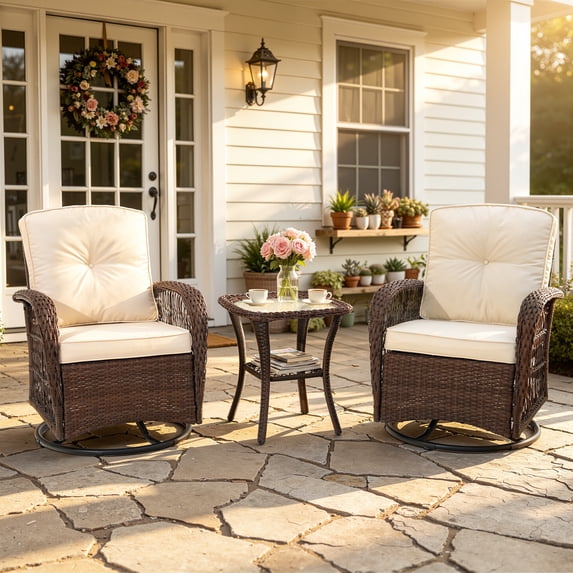Segmart 3 PCS Patio Swivel Rocker Set, PE Rattan Swivel Bistro Table Set, Outdoor Conversation Set with Glass Tabletop and Cushions for Balcony Patio Deck Poolside