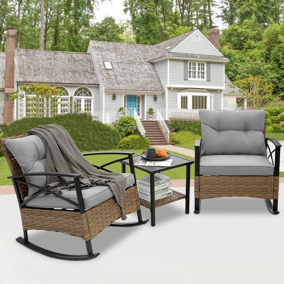 SEGMART 3 Piece Bistro Table and Rocking Chairs with Cushions, Patio Furniture Set for Home Pub Cafe Bistro, PE Rattan Outdoor Conversation Set, 2 Rocking Chairs and 1 Table
