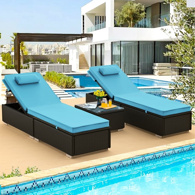 SEGMART 3 Pieces Outdoor Rattan Wicker Lounge Chairs Set, Adjustable Reclining Backrest Lounger Chairs and Table, Modern Rattan Chaise Chairs with Table & Cushions, Pool, Yard, Deck - Blue