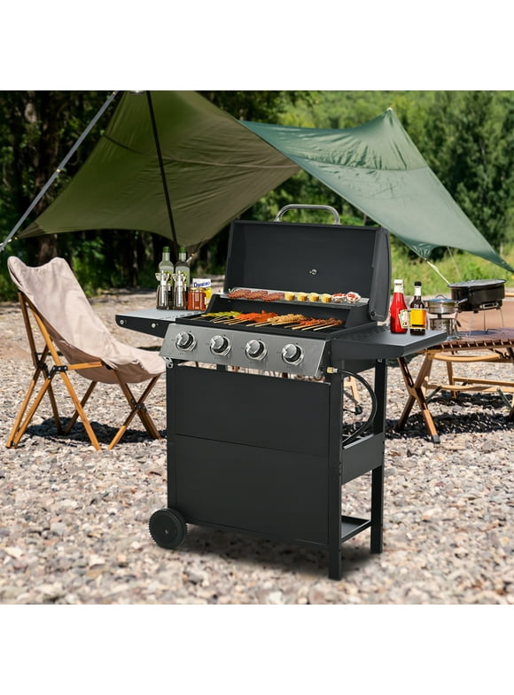 SEGMART 4 Burner BBQ Propane Gas Grill, Stainless Steel 34,200 BTU Patio Garden Barbecue Grill with Two Foldable Shelves & Thermometer, Perfect for Camping, Outdoor Cooking