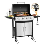 SEGMART 4 Burner BBQ Propane Gas Grill, Stainless Steel 40,000 BTU Patio Garden Barbecue Grill with Folding Side Tables, Cleaning Brush & Thermometer, Perfect for Camping, Outdoor Cooking