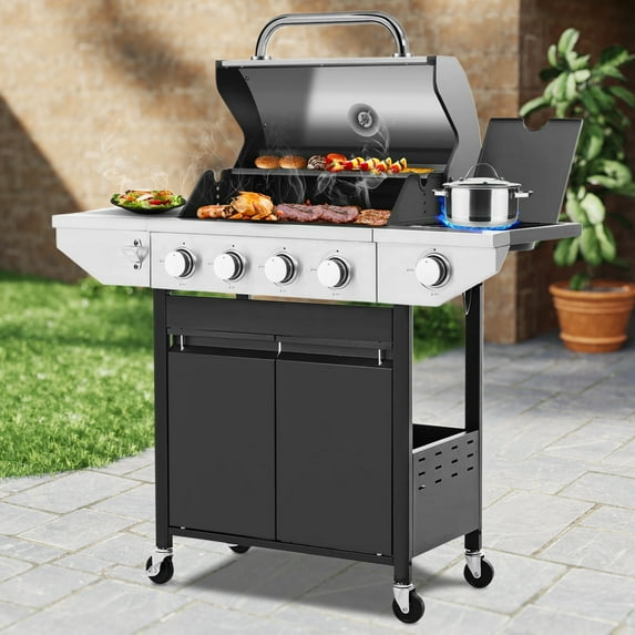 SEGMART 4 Burner Propane Gas Grill with Side Burner, 46,500 BTU Outdoor Cooking BBQ Grill with Porcelain-Enameled Cast Iron Grates, Equipped with Temperature, Tool Hooks, and Bottle Opener