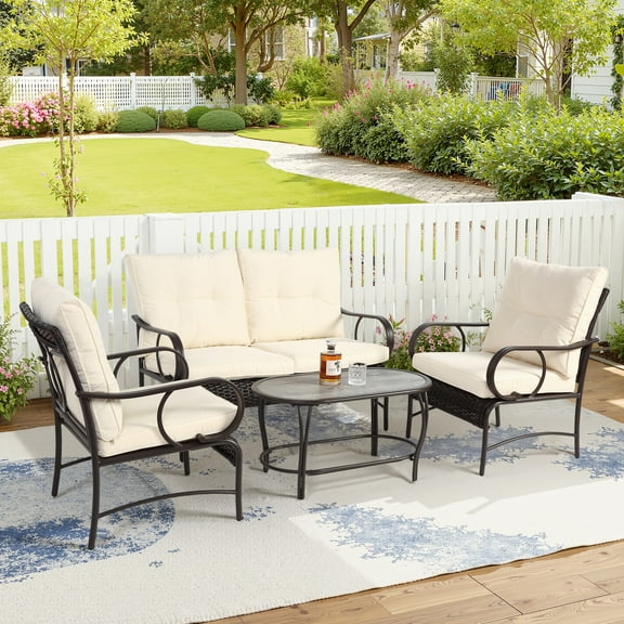 SEGMART 4-Piece Outdoor Patio Furniture Set, Patio Metal Conversation Set with Coffee Table, All-Weather PE Rattan Deep Seating Sofa Set with Cushions for Porch Backyard Balcony, Beige