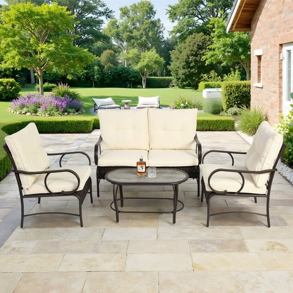 SEGMART 4 Piece Patio Conversation Set, PE Rattan Patio Furniture Set with Coffee Table, All-Weather Outdoor Sofa Set with 3.15" Thick Cushion for Porch, Backyard, Balcony - Beige