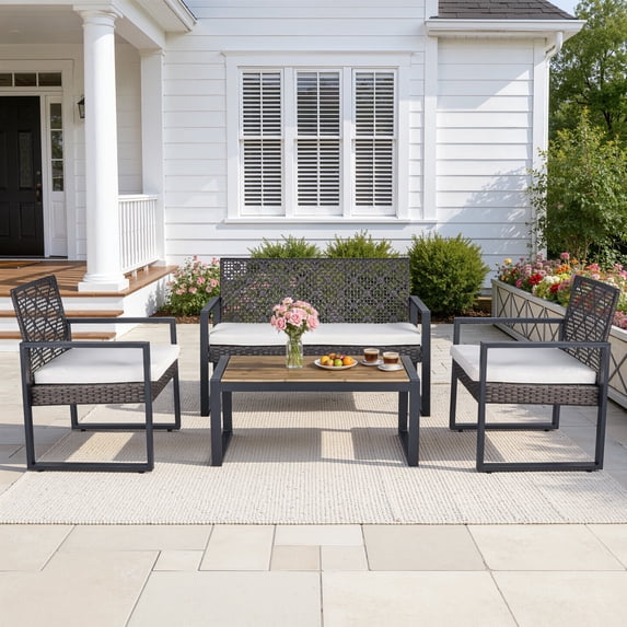 4 Pieces Outdoor Wicker Conversation Set, All-Weather Rattan Patio Furniture Sets with Arm Chairs, Acacia Wood Tabletop and Cushions, Sectional Sofa Set for Backyard, Garden, Poolside