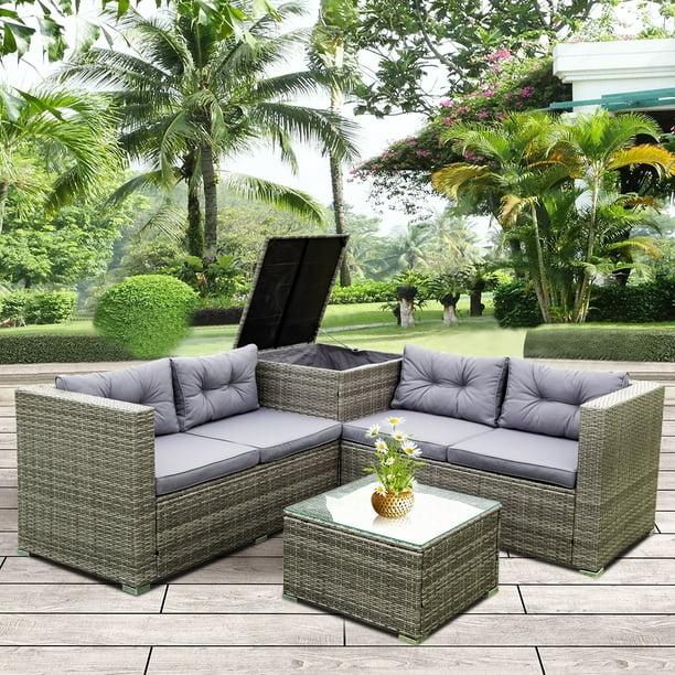 Segmart 4 Piece Patio Furniture Set All Weather Outdoor Sectional Sofa Set PE Rattan Conversation Set with Storage Box Table Cushions Wicker