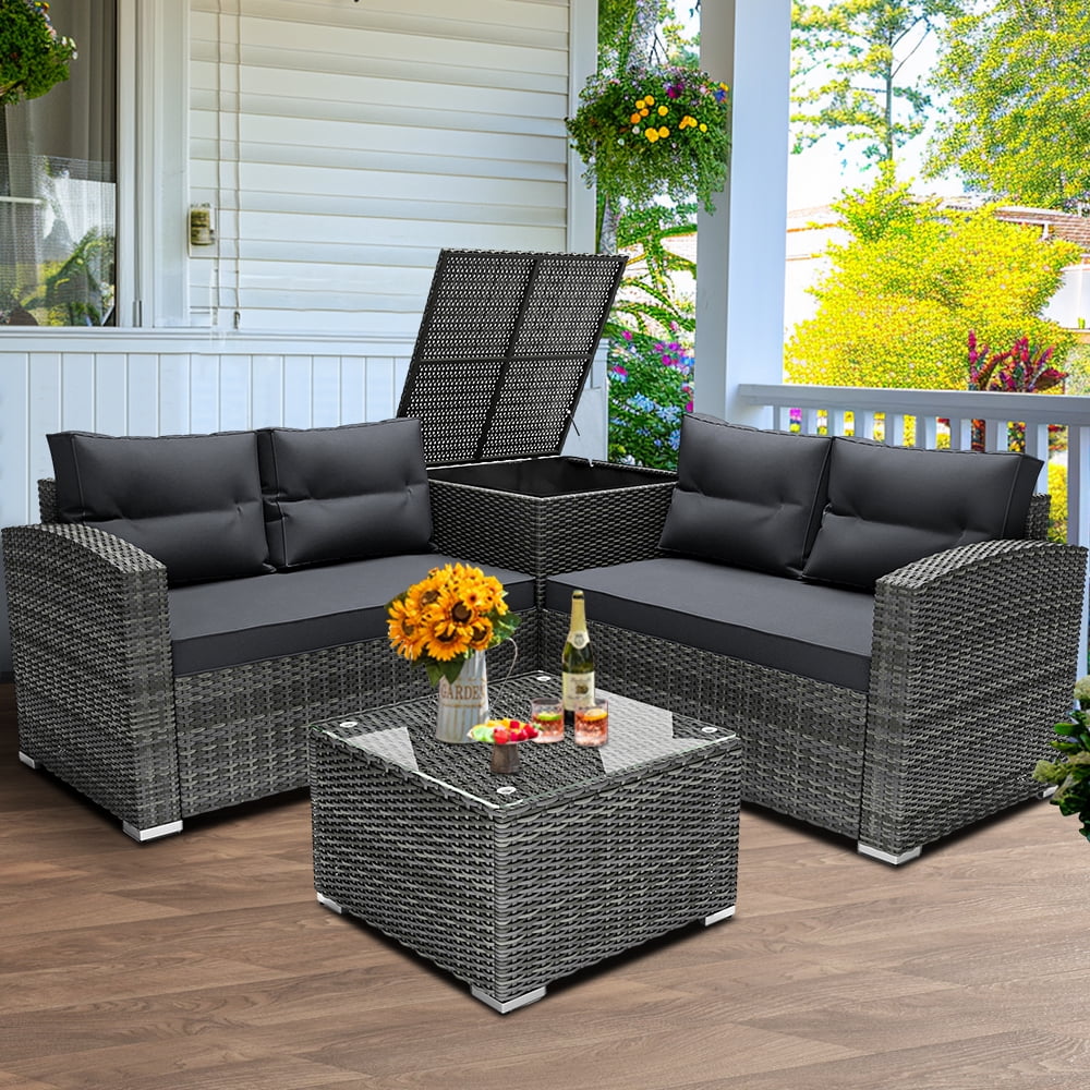 SEGMART 4 Piece Patio Furniture Set, All-Weather Outdoor Sectional Sofa Set, PE Rattan Conversation Set with Storage Box, Table & Cushions, Wicker Furniture Couch Set for Patio Deck Garden