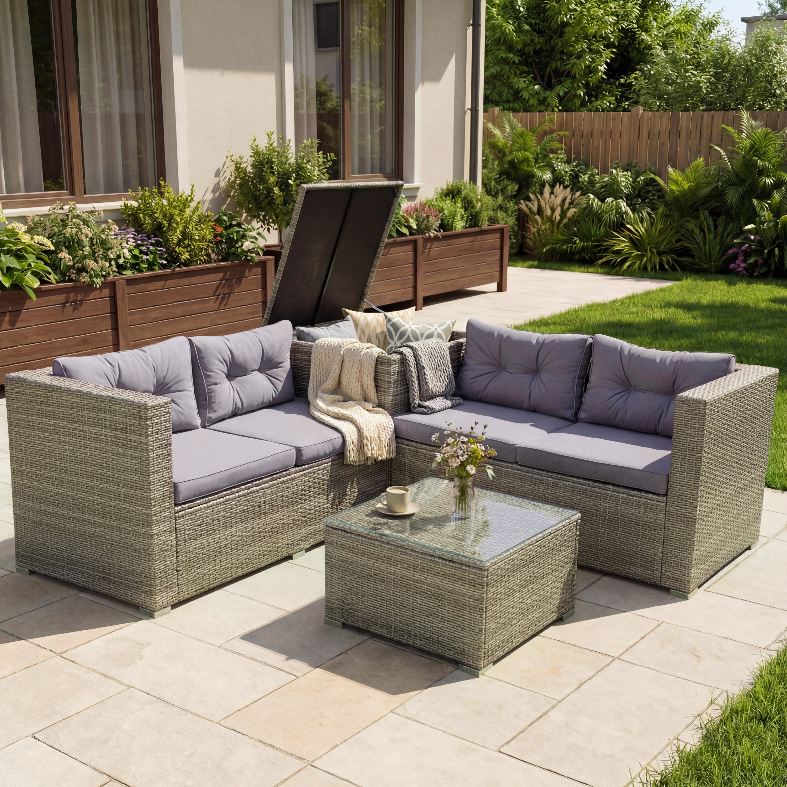 SEGMART 4 Piece Patio Furniture Set, All-Weather Outdoor Sectional Sofa Set, PE Rattan Conversation Set with Storage Box, Table & Cushions, Wicker Furniture Couch Set for Patio Deck Garden