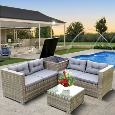 SEGMART 4 Piece Patio Furniture Set, All-Weather Outdoor Sectional Sofa Set, PE Rattan Conversation Set with Storage Box, Table & Cushions, Wicker Furniture Couch Set for Patio Deck Garden