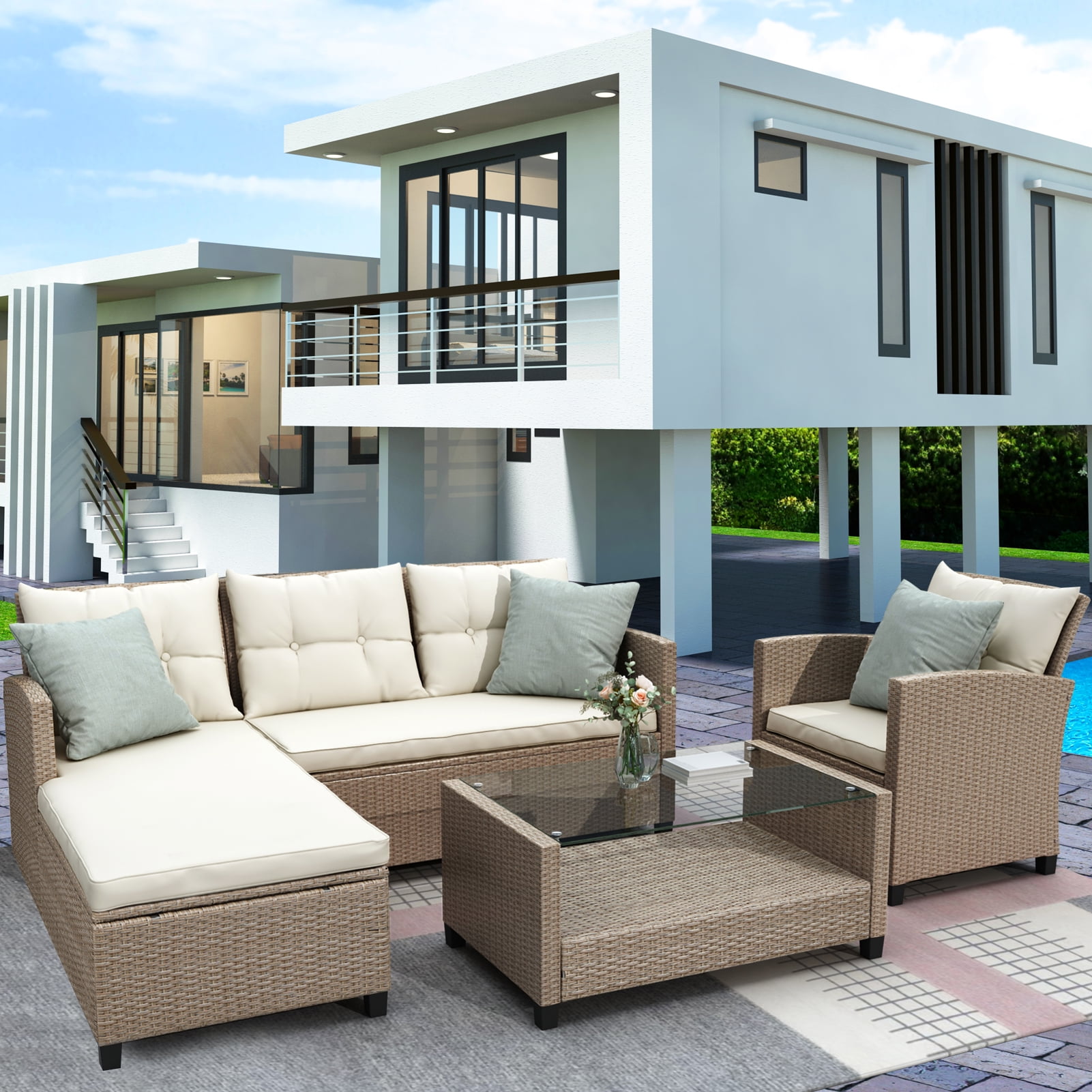 SEGMART 4 Piece Patio Furniture Set, All-Weather Outdoor Sectional Sofa Set, PE Rattan Conversation Set with Table & Cushions, Wicker Furniture Couch Set for Patio Deck Poolside, B895