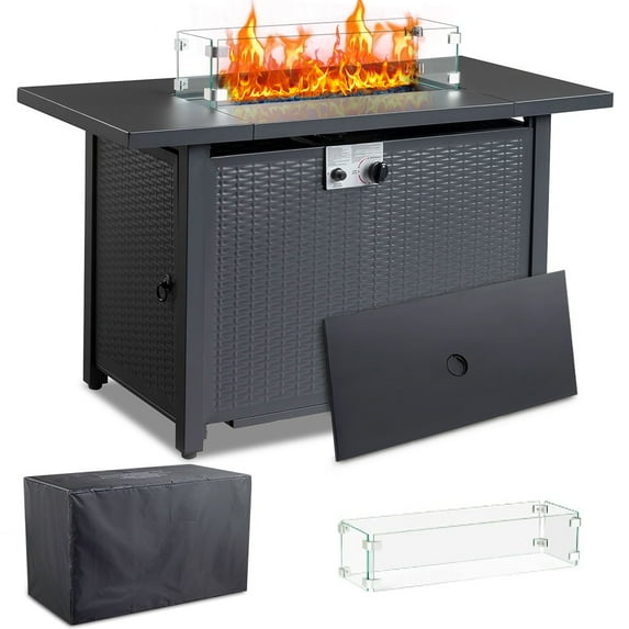 SEGMART 43'' Propane Fire Pit, 50,000 BTU Auto-Ignition Gas Fire Pit Table, Outdoor Fire Tables with Waterproof Cover, Lid and Tempered Glass Wind Guard for Outside, Garden, Backyard