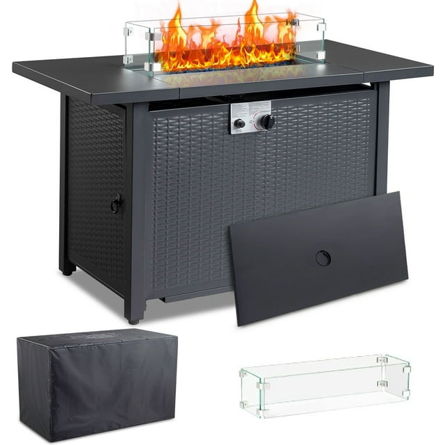SEGMART 43'' Propane Fire Pit, 50,000 BTU Auto-Ignition Gas Fire Pit Table, Outdoor Fire Tables with Waterproof Cover, Lid and Tempered Glass Wind Guard for Outside, Garden, Backyard