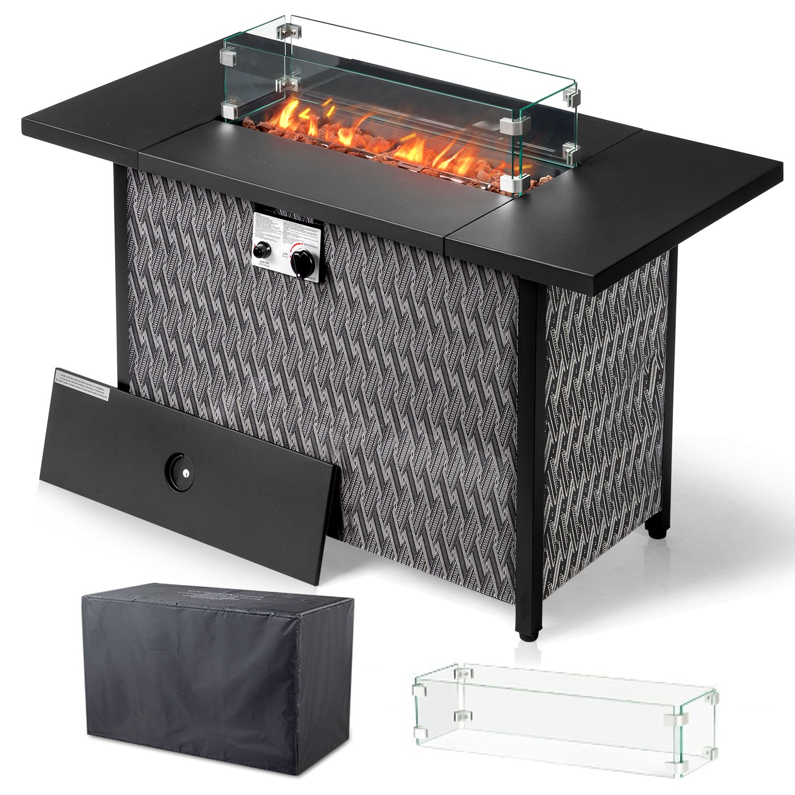 SEGMART 43'' Propane Fire Pit, 50,000 BTU Auto-Ignition Gas Fire Pit Table, Outdoor Fire Tables with Waterproof Cover, Lid and Tempered Glass Wind Guard for Outside, Garden, Backyard