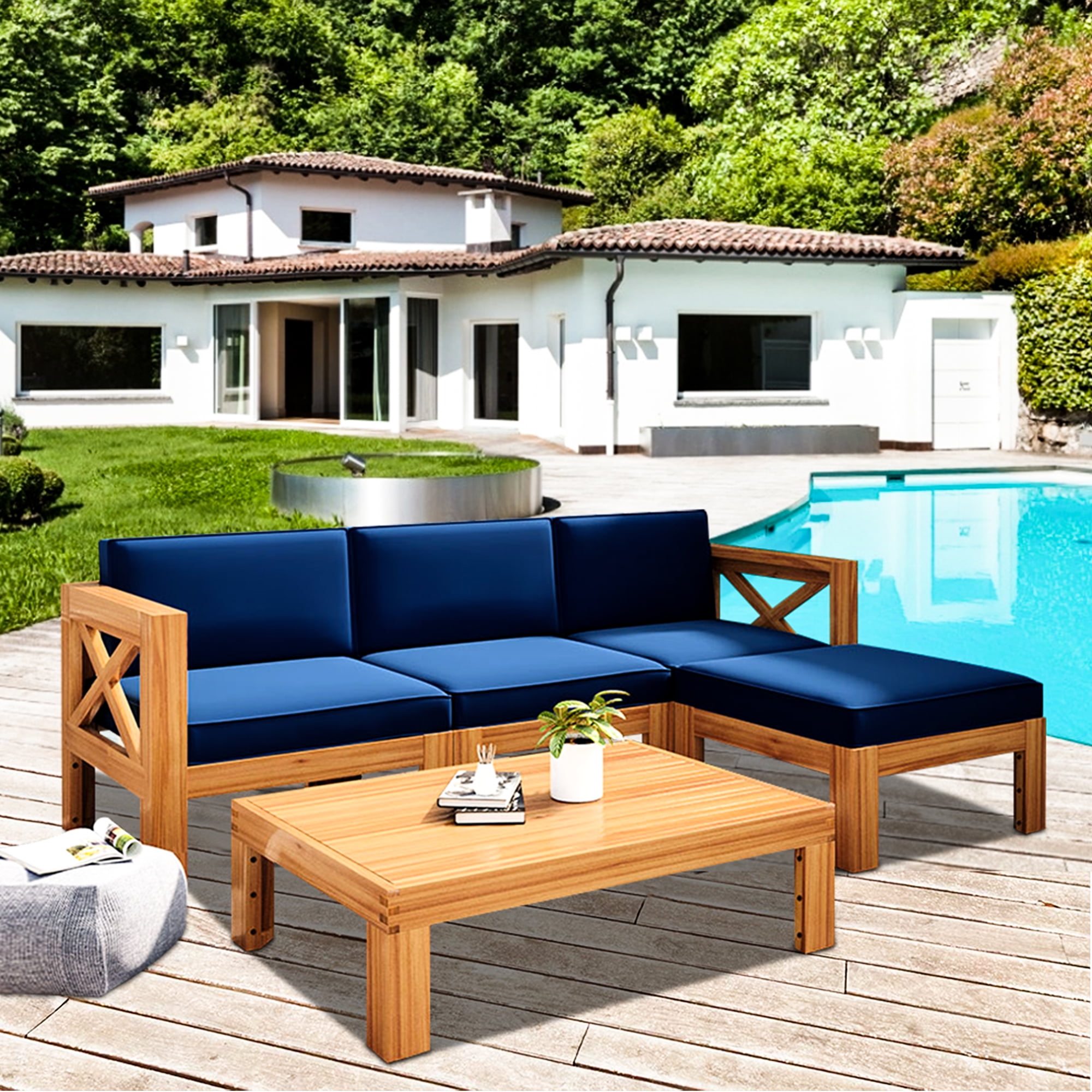 SEGMART 5 Piece Outdoor Patio Furniture Set Wood L Shape