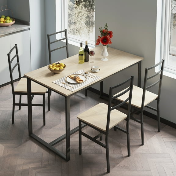 Segmart 5 Piece, Modern Particleboard and Iron, Space Saving, Dining Table with Chair Beige/Black