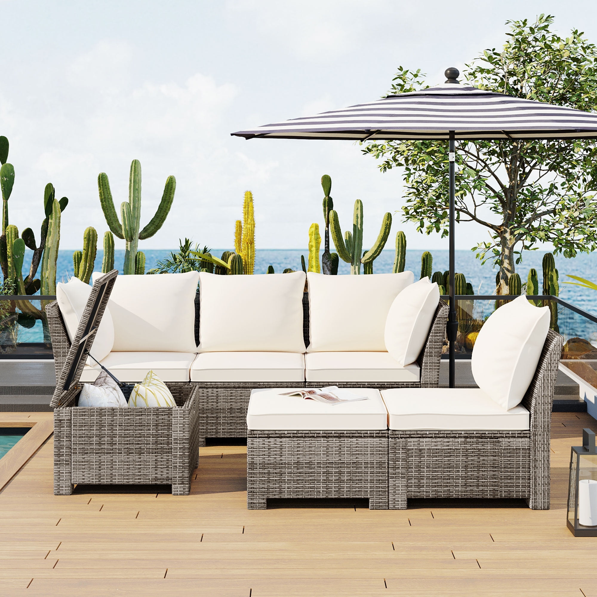 SEGMART 6 Piece Patio Furniture Set, All-Weather Outdoor Sectional Sofa Set, PE Rattan Conversation Set with Ottoman, Storage Table & Cushions, Wicker Furniture Couch Set for Patio Deck Garden
