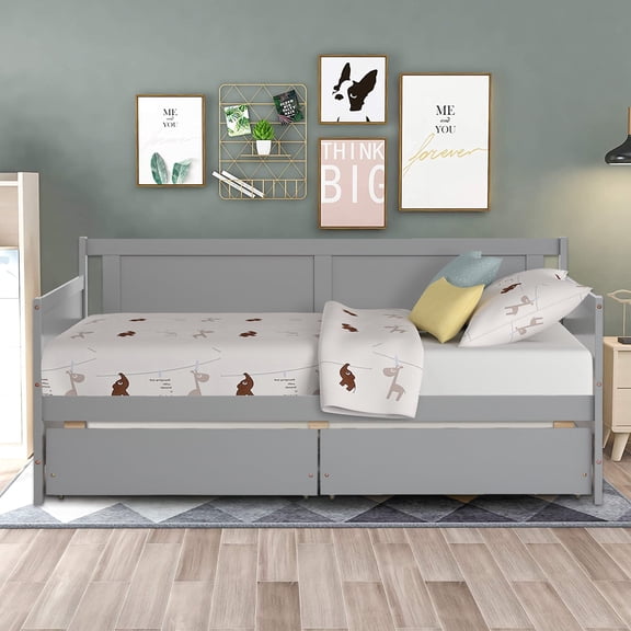 SEGMART Captain’s Bed, Modern Daybed Bed with 2 Storage Drawers, Twin Solid Wood Trundle Bed with Headboard and Footboard, Twin Daybed Bed 's Room, Teens, Grey, 200lbs, Grey, S333