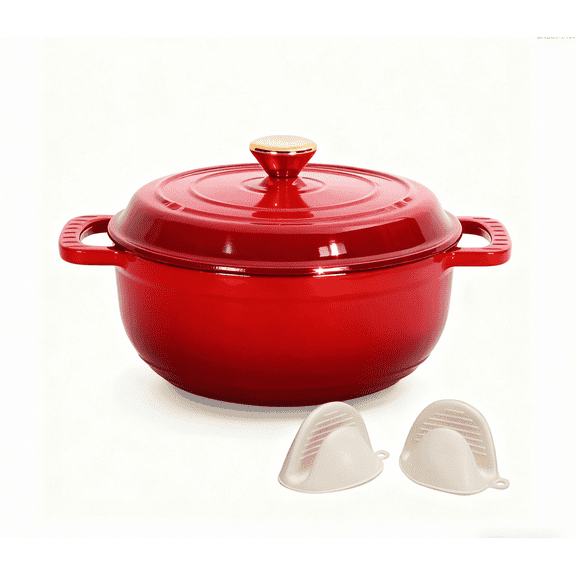 5QT Enameled Cast Iron Dutch Oven with Lid , Non-Stick Enamel Pot, Oven & Induction Compatible, Double Handles, High Heat Resistance, Includes 2 Silicone Mitts – Red.