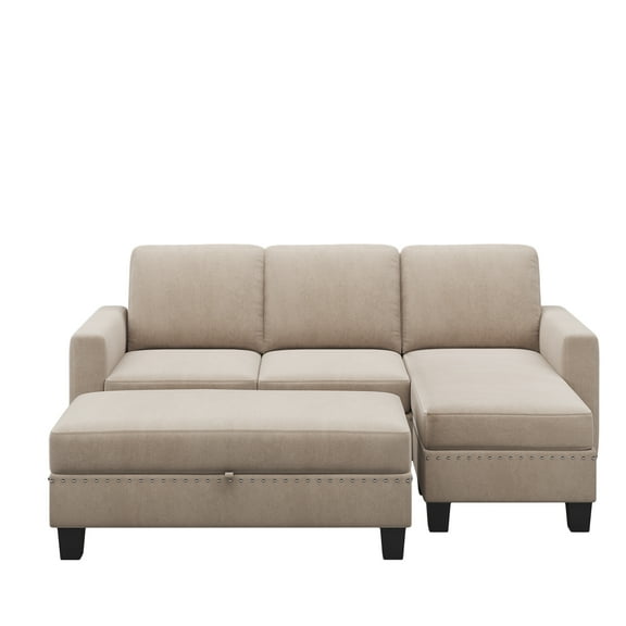 SEGMART Convertible Sectional Sofa Couch, 3-piece Upholstered Fabric 3-Seat Sectional Sofa with Chaise and Storage Ottoman, Modern Sectional Sofas with Nailheads and Solid Wood Frame, SS848