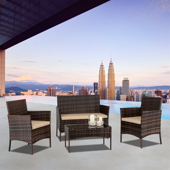 SEGMART Deck Rattan Sofa Furniture Set, 4 Piece Outdoor Patio Conversation Set, All-weather Wicker Sectional Furniture with 2 Single Chairs, 1 Loveseat & 1 Table, Outdoor Indoor Use Chair Set, B4517
