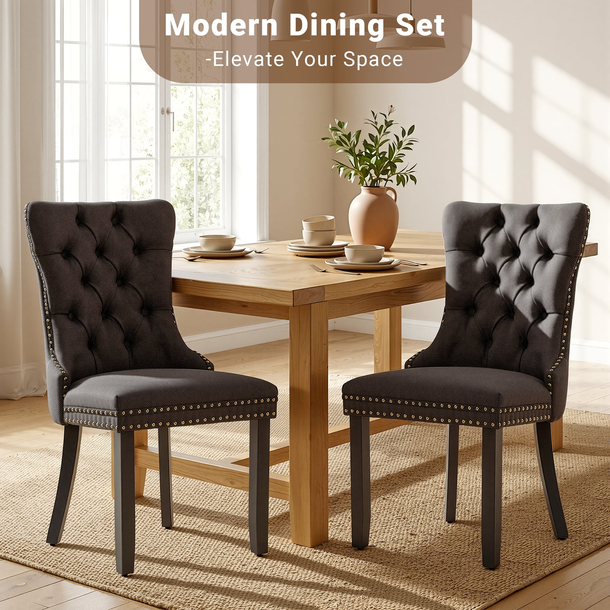 Upholstered Dining Chairs Set of 2, Segmart Modern Fabric Dining Room Chair with Nailhead Trim and Wood Legs, Mid-Century Accent for Living Room, Kitchen, Black