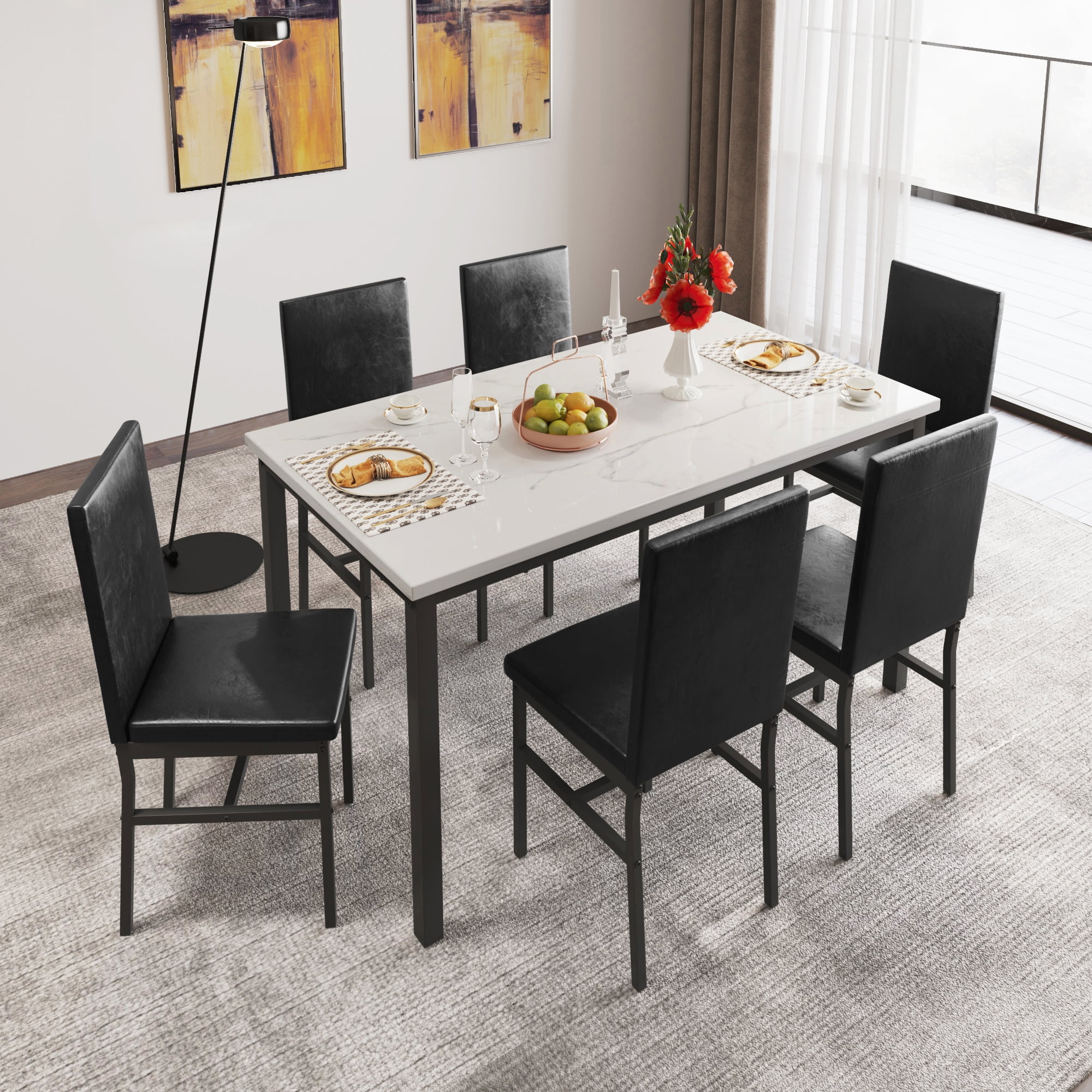 SEGMART Dining Table with 6 High-back Upholstered Chairs, Modern ...