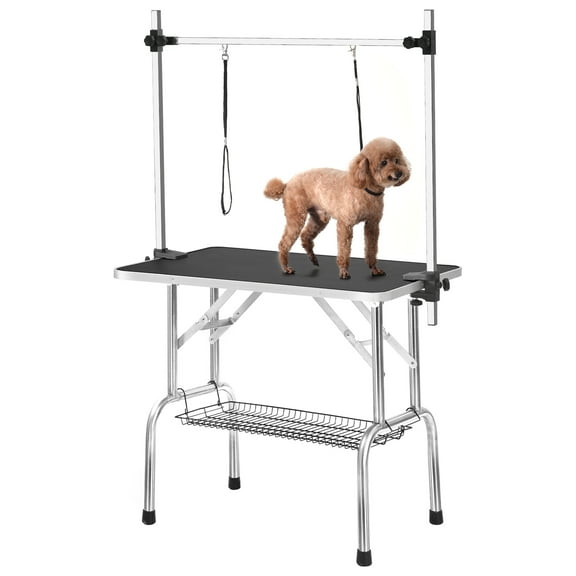 SEGMART Dog Table on Clearance, 36'' x 24'' Professional Heavy Duty Stainless Steel Frame Foldable Table w/Adjustable with Arm/Noose, Capacity Up to 330lbs, Black, S8032