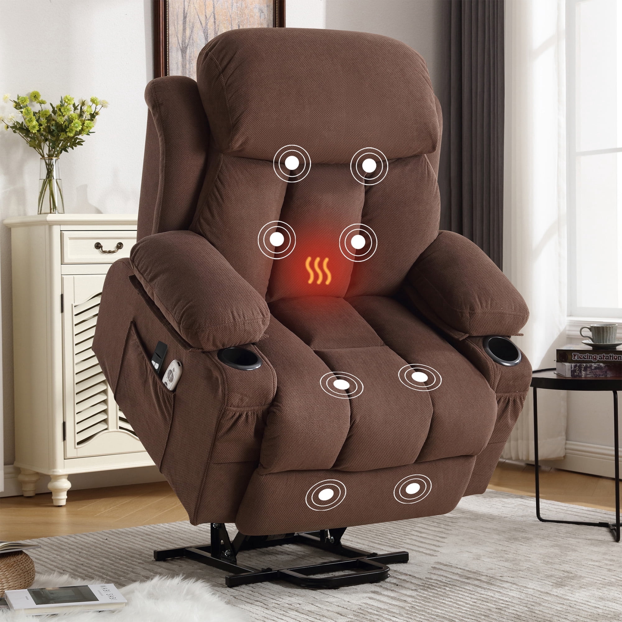 SEGMART Electric Power Lift Recliner Chair, Heavy Duty Classic Fabric Sofa Chair for Elderly, Ergonomic Lounge Single Sofa with Plush Extended Arms and Remote Control, 4 Positions,Brown