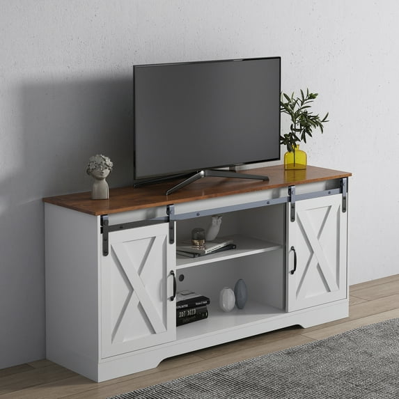 SEGMART Farmhouse TV Stand for TVs up to 65", Sliding Barn Door Wood TV Console Table with Storage Shelves, Universal Home Media Stand, Home Entertainment Center for Living Room