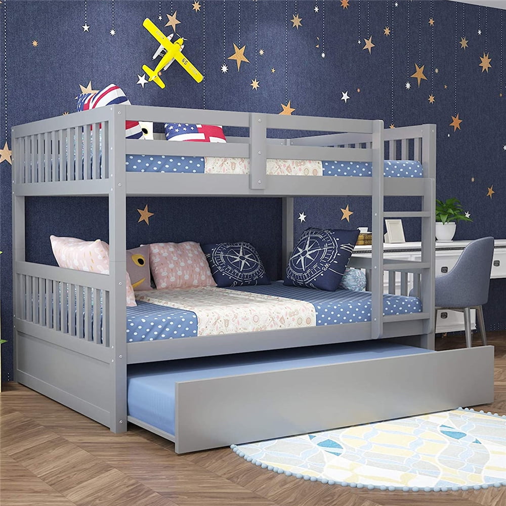 SEGMART Gray Full Over Full Bunk Bed With Trundle, Solid Wood Full Bunk ...