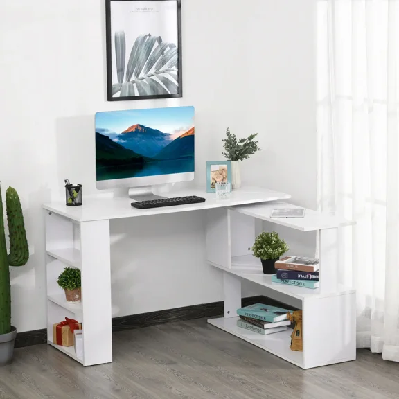 360° Rotating L-Shaped Computer Desk with Storage Shelves, Space Saving Home Office Desk, Laptop Table with S-Shaped Rack & 3-Tier Bookcase