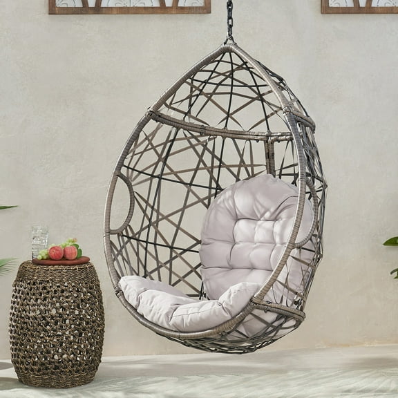 SEGMART Indoor Outdoor Wicker Swing Egg Chair, Hammock Hanging Chair Nest Basket with Removable, Washable Cushions, Pillow for Bedroom, Balcony, Garden, Poolside, Grey