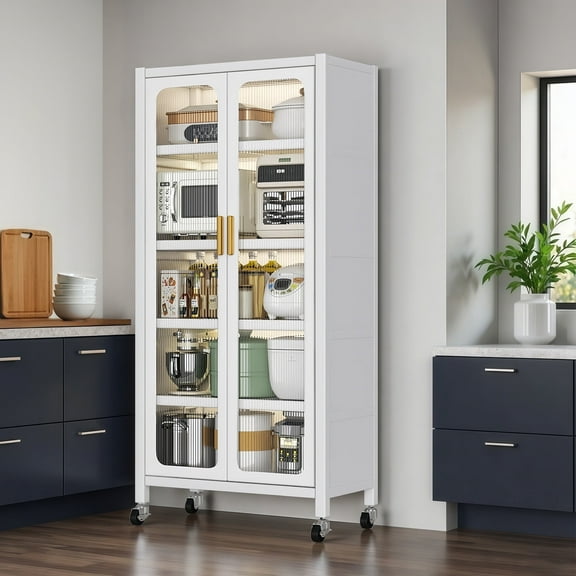 6-Tier Metal Pantry Cabinet with Transparent Doors, Adjustable Shelves & Wheels,65" Versatile Storage for Kitchen, Dining Room, and Living Room,White