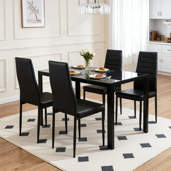SEGMART Kitchen Dining Table Set for 4, Home Kitchen Table with Tempered Glass and 4 PU Leather Chairs, Metal Frame Pub Table Set, Dinette Set for Family Gathering & Dining - Easy to Assemble